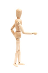 A wooden mannequin give a hand, greets. isolated on white