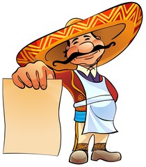 happy Mexican chief holds in hand a blank sheet of paper