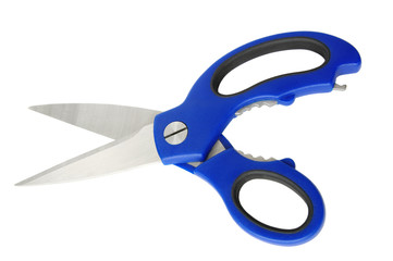 Scissors WIth Blue Handle on White Backgound