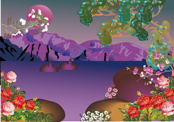 spring mountain illustration with flowers