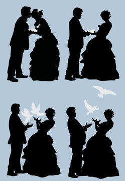 four wedding couples with pigeons