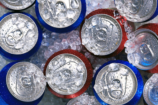 Cans of drink on crushed ice