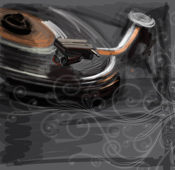 color sketch of an old turntable & floral calligraphy ornament