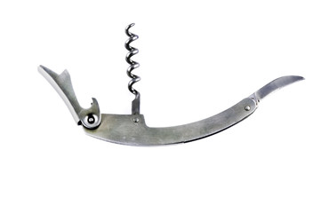 multipurpose corkscrew or opener closeup over white background