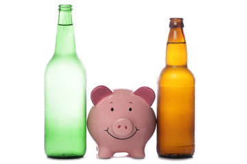 Beer and cider bottle with piggy bank