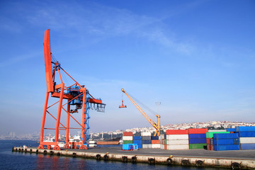 Fototapeta premium Port warehouse with cranes and containers