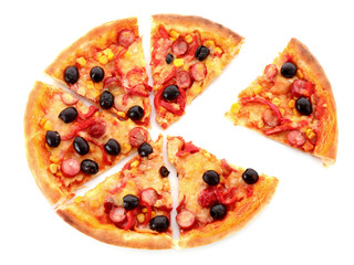 sliced pizza with olives isolated on white