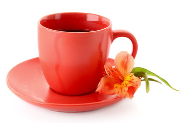 Cup of coffee and flower on red background