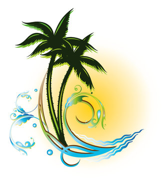 Palmen am Strand mit Sonne und Wellen - Tropisches Sommer Vektorbild