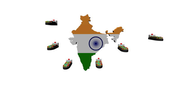 India map flag with container ships departing animation