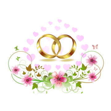 Two wedding ring with hearts and decorated flowers