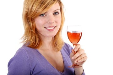 beautiful young woman enjoying wine (white background)