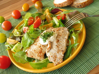 Bio-Schnitzel mit Salat und bunten Tomaten