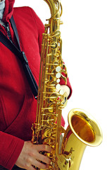 Obraz premium Saxophonist, detail isolated on white