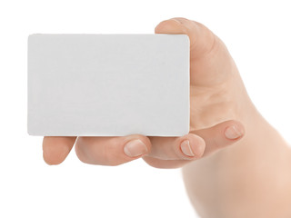 isolated empty business card in a woman's hand