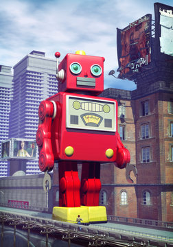 giant tin toy robot and city