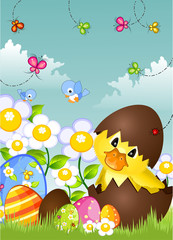 Obraz na płótnie Canvas Piskląt z jaj i kwiaty