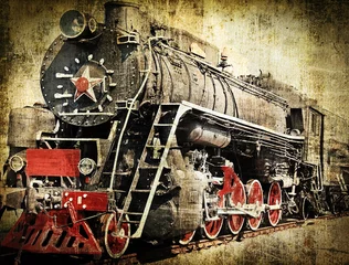 Printed roller blinds Red, black, white Grunge steam locomotive