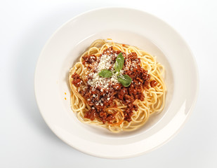 Spaghetti Bolognese on white background