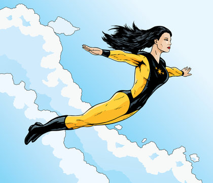 Asian superhero flying free through the clouds.