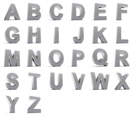 Alphabet set in chrome over white background