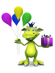 Plakat Cute cartoon monster holding balloons and a gift.