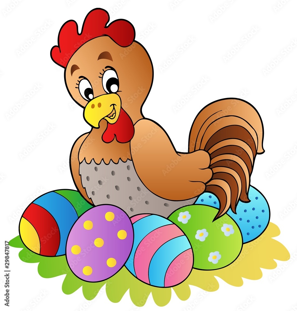 Wall mural Cartoon hen with Easter eggs