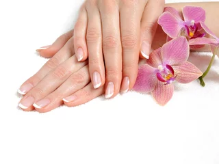 Wandaufkleber Schöne Hand mit perfekter French-Maniküre und lila Orchidee © Dmitrijs Gerciks