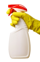 Hand holds sprayer with chemical cleaner