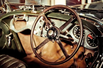 Printed kitchen splashbacks Old cars classic car steering wheel and dash abstract