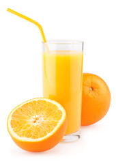 Orange juice and slices of orange isolated on white background