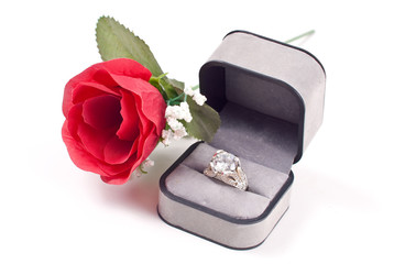 Diamond Engagement Ring in Box with Red Rose