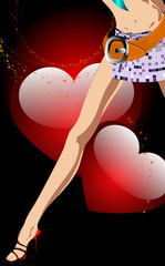 Abstract background with a beautiful female foot and hearts. A v
