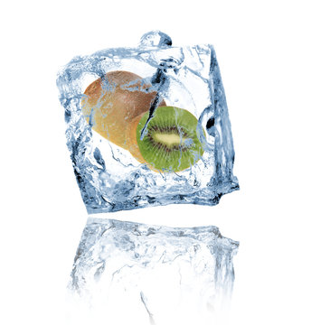 Kiwi in ice cube