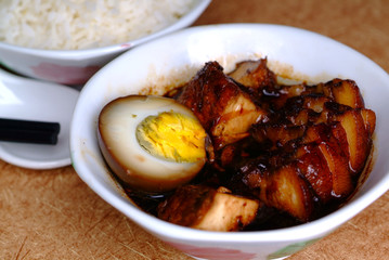 Braised pork serve with white rice - malaysian chinese food