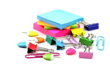 Colorful office supplies on white background