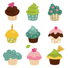 Colorful cupcake set  isolated, vector illustration