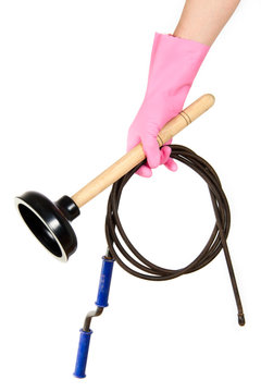 Female hand in a pink glove keeps a ventouse and hawser for the