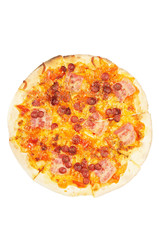 A whole pizza  with  sausage  and bacon