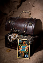 Stock Photo:.Chest trunk wooden gold isolated on the white backg