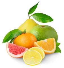 Isolated citrus fruits. Heap of orange, tangerine, lemon and grapefruit pieces, and pomelo isolated...