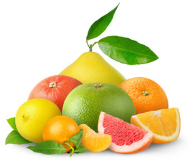 Isolated mixed citrus fruits. Pile of orange, tangerine, lemon, grapefruits and pomelo isolated on white background