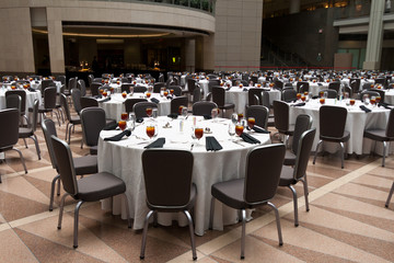 Large Room Set Up for a Banquet, Round Tables