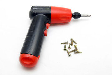 battery wireless screwdriver and set of screw on white