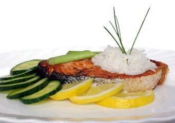 fried salmon with vegetables