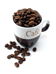 Fresh coffee beans in a cup on white background