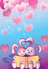 Two nice rabbits read a book. Valentine's Day.