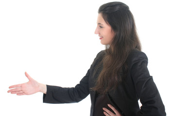 Obraz premium Young businesswoman offering hand for handshake