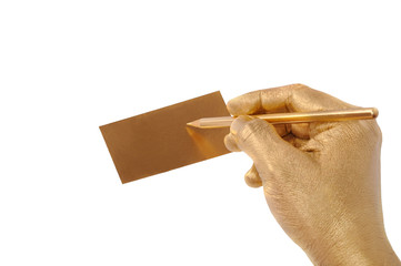 Man's golden hand writes on cut-away by a pencil. Isolated on th © Andriy Brazhnykov
