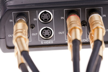 audio cables plugged into video interface box